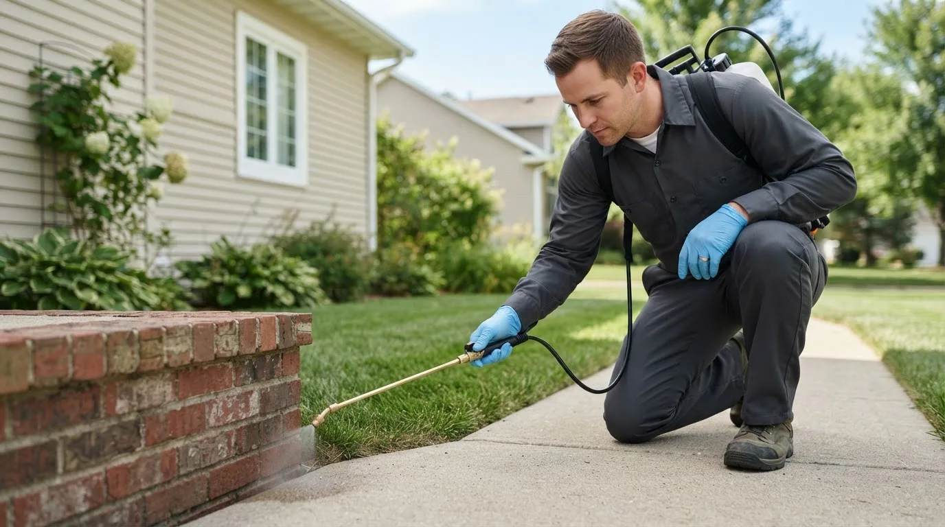 Pest control technician treating a home near Linden, IN
