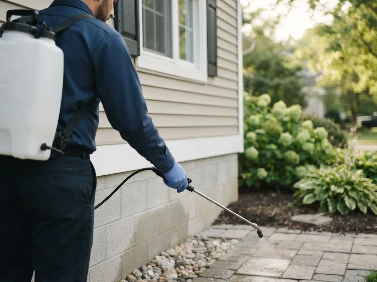 Pest control technician inspecting a home in Linden, IN